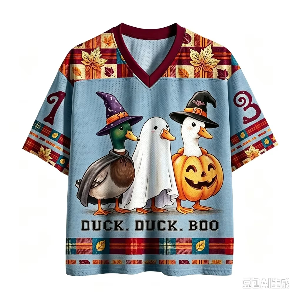 Cute Halloween Witch Ghost Pumpkin Duck Print Mesh Sports Jersey V Neck Short Sleeve Loose Street Top Men Women Daily Outfit