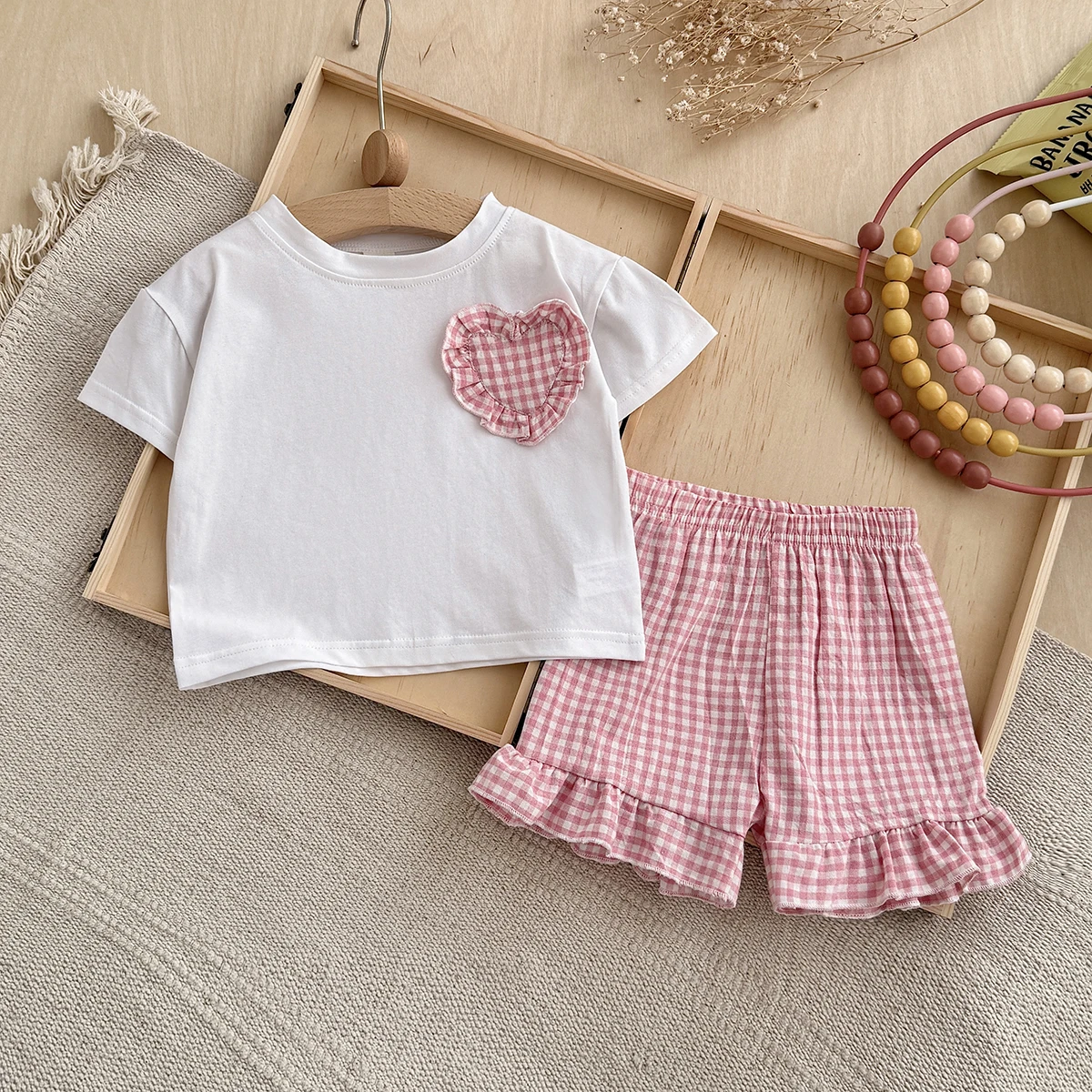 

Summer Newborn Baby Girls Clothing Sets Heart shaped sticker Short Sleeve Striped Shorts Set for Babies 0-3Y