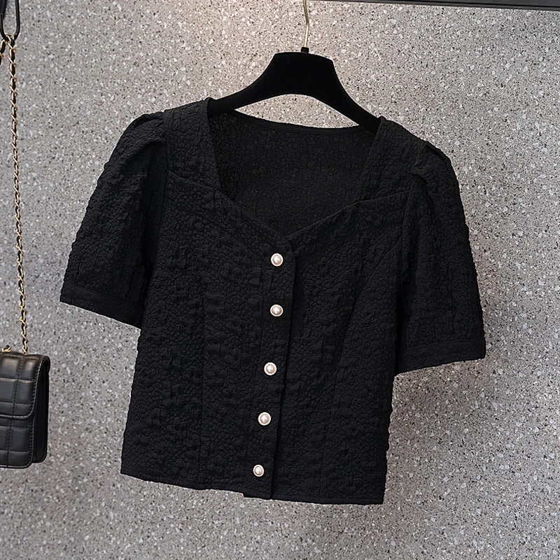 

Vintage Lace Embroidery Solid Puff Short Sleeve Women Blouse New Plus Size Clothing Pearl Button Elegant Top Female Shirt Blusas