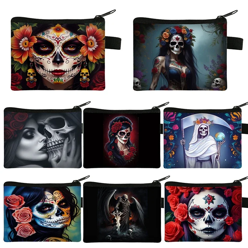 Monedero con diseño de calavera de México, billeteras con flores de la Santa muerte, monedero para tarjetas de crédito, Mini bolsa de Santa Muerte, bolsas de almacenamiento pequeñas de regalo