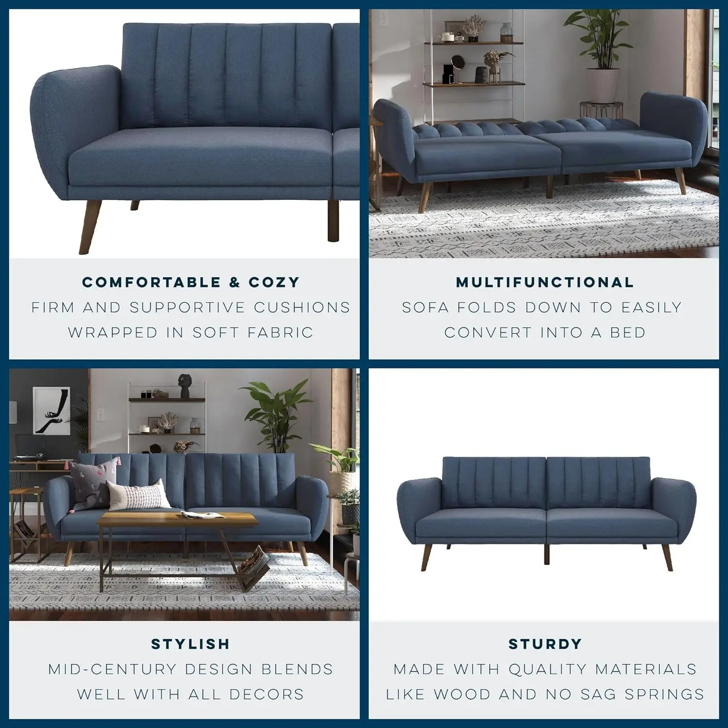 Brittany Sofa Futon, Premium Linen Upholstery And Wooden Legs, Blue Linen