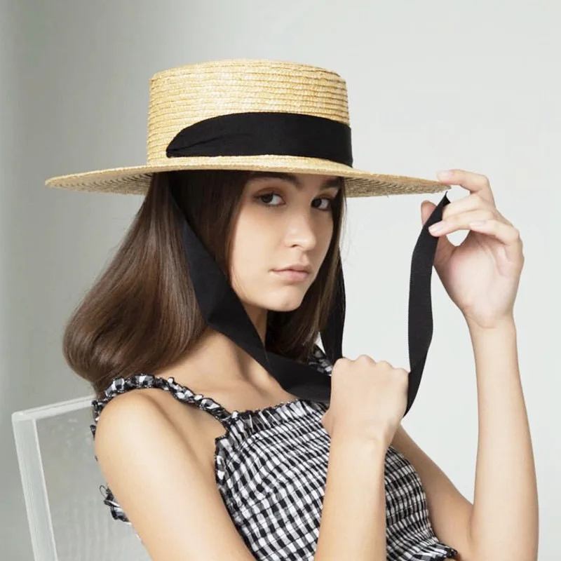 Women's Summer Wheat Straw Hand-woven Sun Straw Hat Fine Wheat Straw Tied Neck Strap Beach Straw Hat Sun Hats for Women