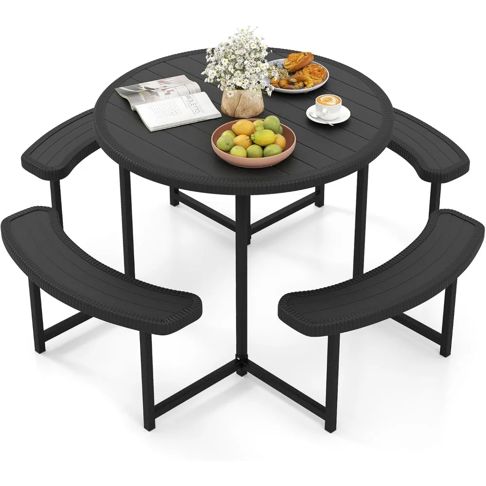 

8 Person Picnic Table, HDPE Outdoor Round Table and Bench Set with 4 Built-in Benches, Umbrella Hole, Metal Frame for Garden Ya