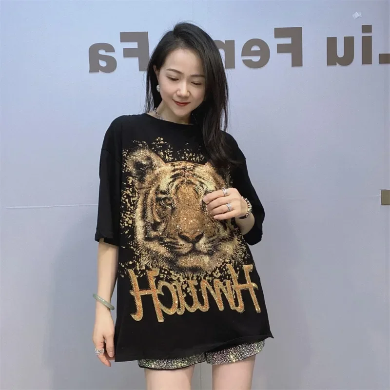 Popular Diamond Drills O-Neck Pullovers Short-sleeved T-shirt Women's Summer Front and Rear Pictures Design Sense Loose Top Tees