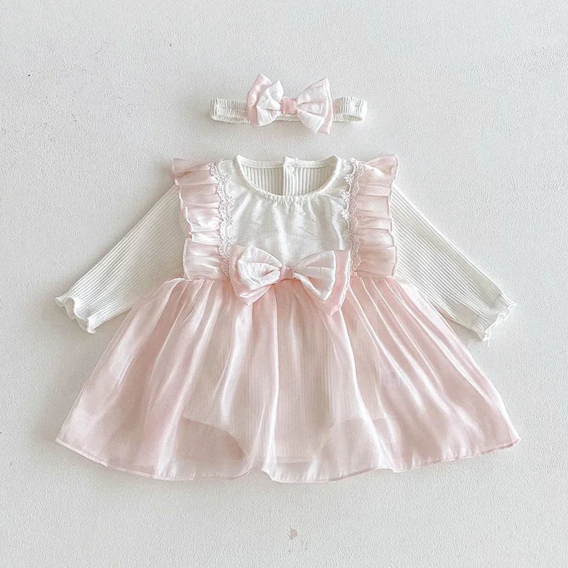 2026 New Spring Infant Baby Girls Jumpsuit Long Sleeved Cotton Splicing Toddler Baby Girl Romper+Hairband 0-24M Baby Clothing