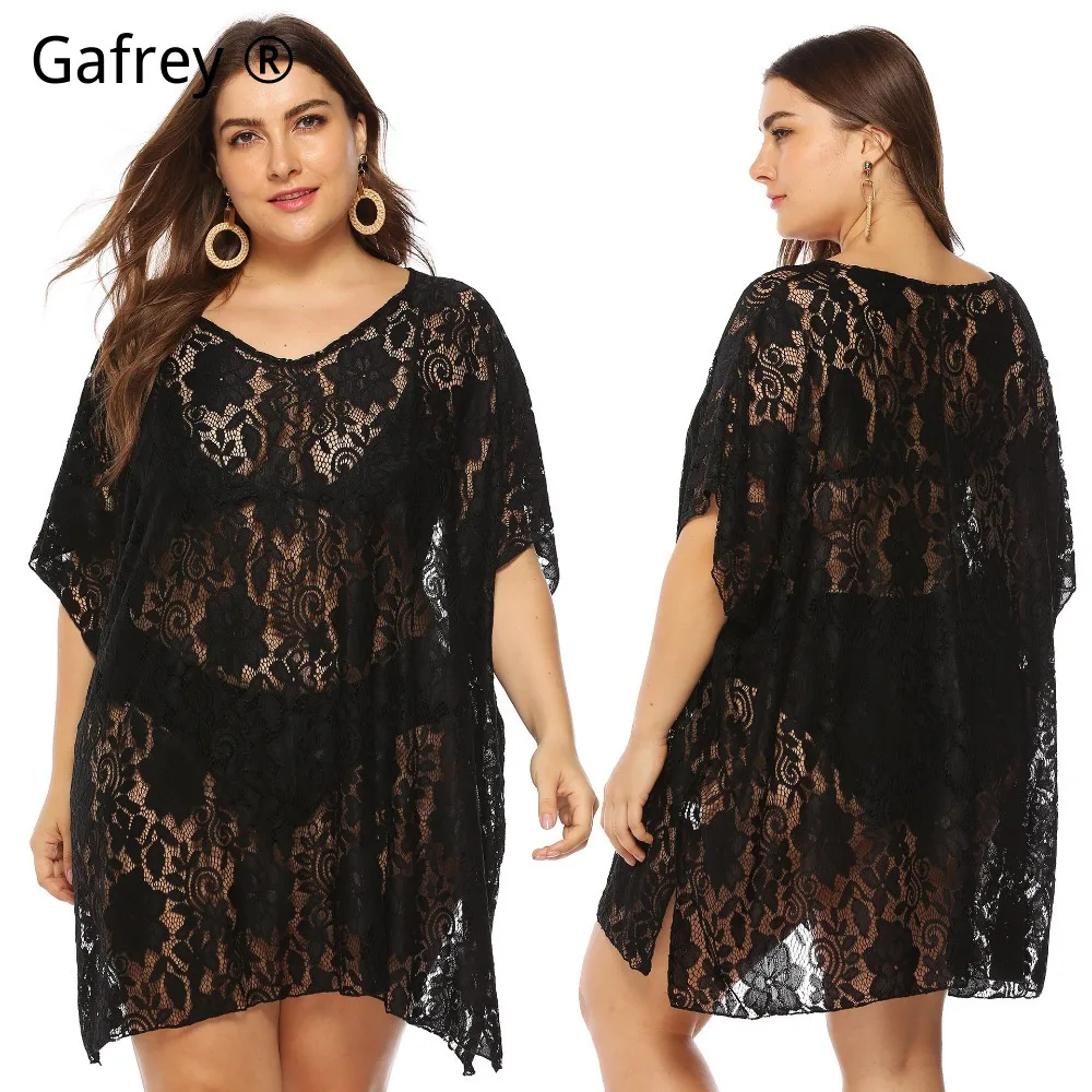Plus Size Sexy Lace Sheer Beach Cover Up Dress, Deep V-Neck Cut Out Hollow Out Side Slit Bikini Vacation Maxi Dress Women