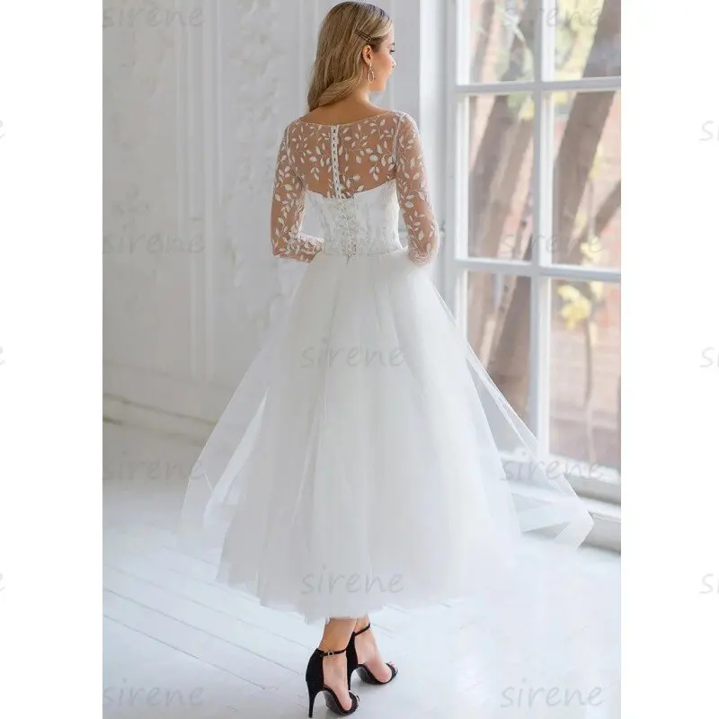 Abiti da sposa corti personalizzati Avorio A-Line O-Collo Manica lunga Applique in pizzo Tulle Illusion Back Abito da sposa Lunghezza tè 2025