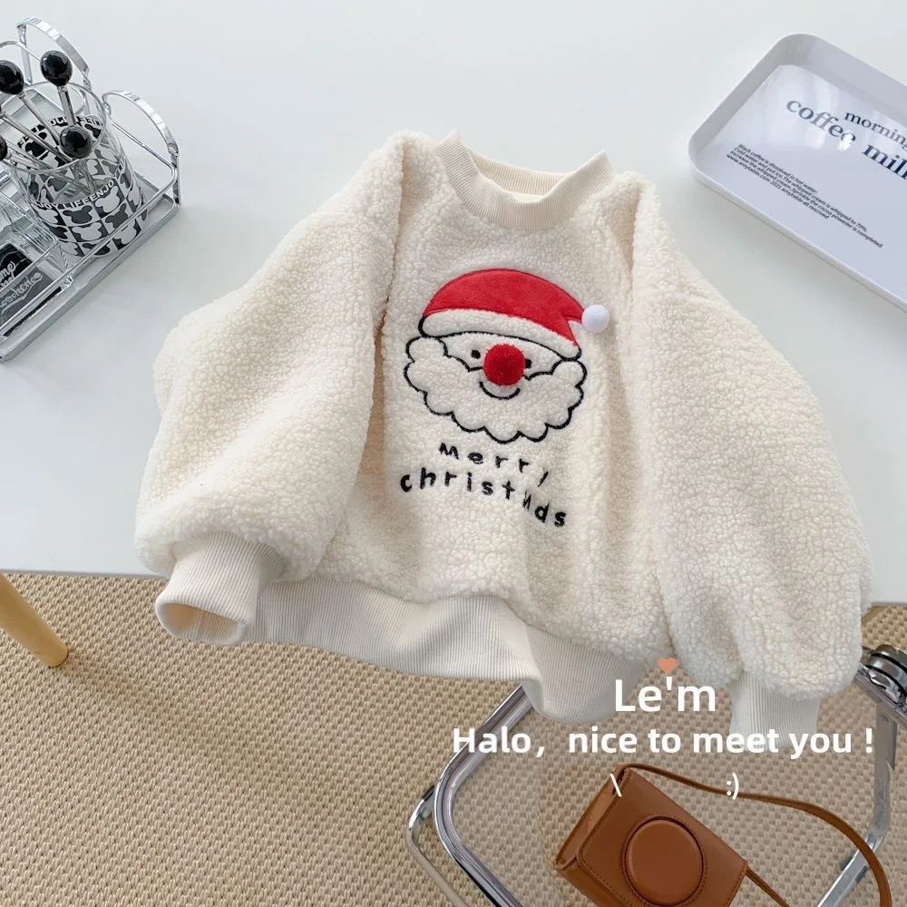 Christmas Lamb Woolen Hoodie 2024 Winter New Plush Warm Children Tops Boys Girls Fashion O-neck Pullover Sweaters Ropa De Niña