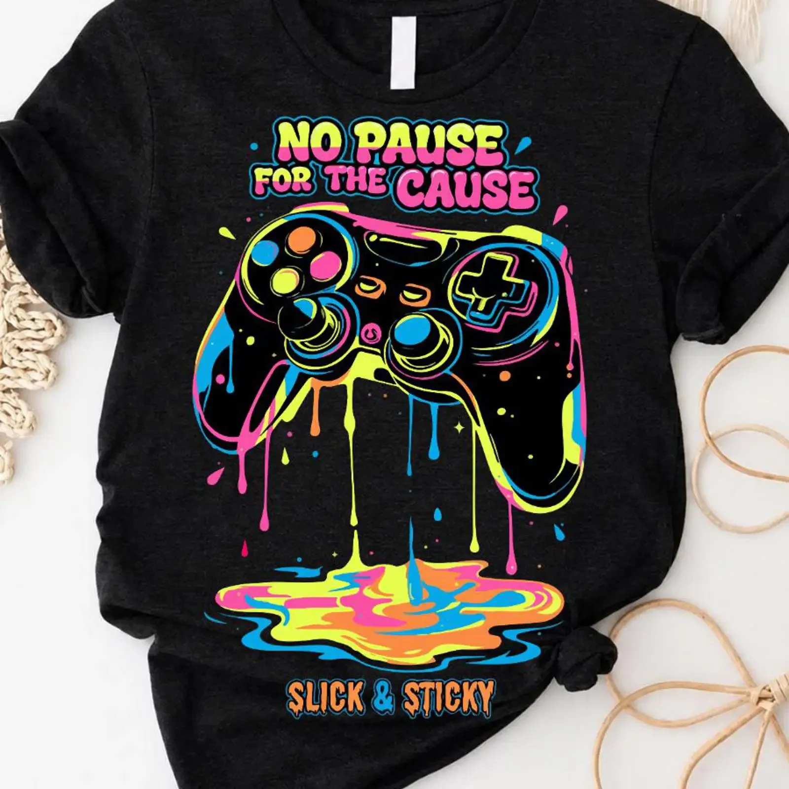 No Pause for the Cause Gaming T Shirt Neon Controller  vintage Washed Soft graphic Stylish homme fashion Versatile