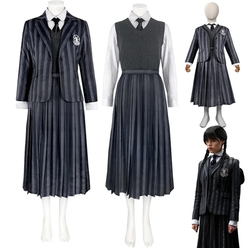 qq34Wednesday Cosplay Costumes Addams Wednesday School Uniform Jacket Vest Shirt Skirt for Kids Adult Halloween Outfit