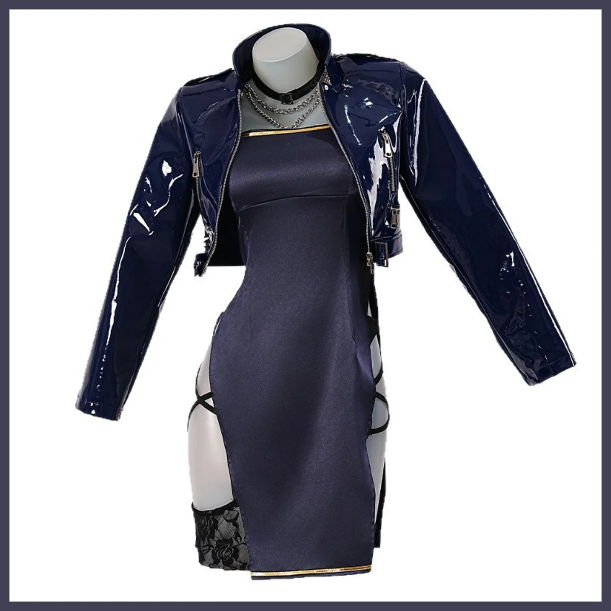 Anime Game Azur Lane HMS Cheshire Cosplay Costume Wig Blue Cheongsam PU Coat Dress Woman Sexy Carnival Halloween Suit - view 2