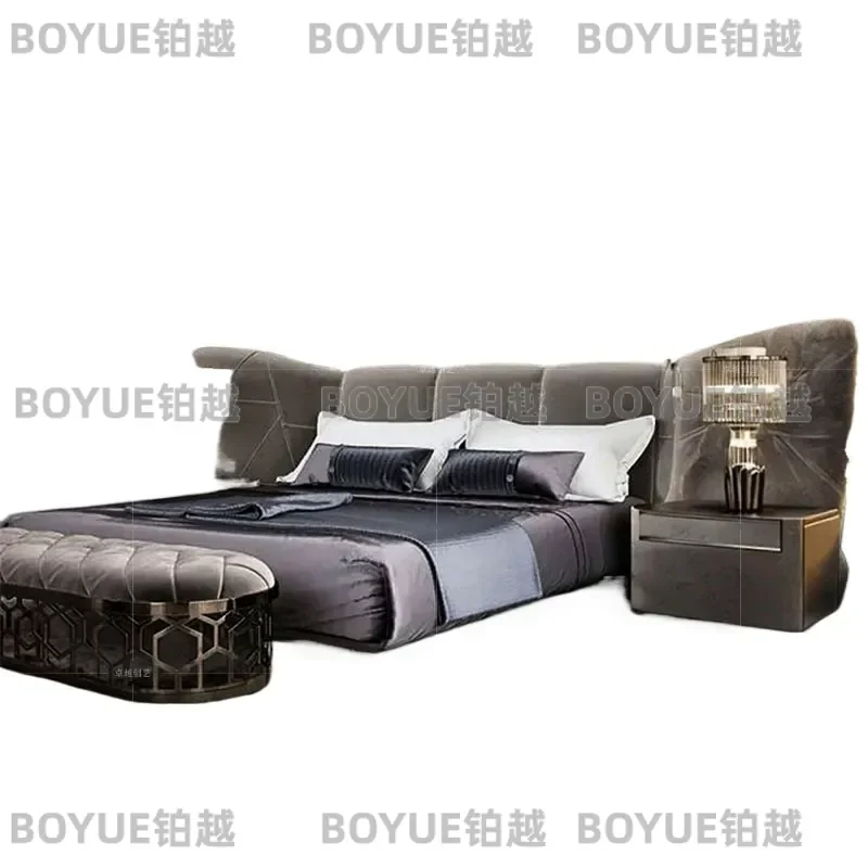 Modern Italian Luxury Bed Microfiber Leather Upholstered Platform Frame Wide Headboard Double Size for Master Bedroom Villa