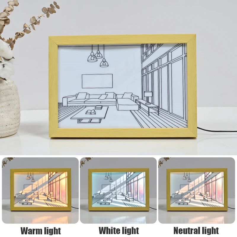 INS Style Light Deco Painting LED Modern USB Plug-In Model Wall Artwork, interior, luz solar, ventana, marco de fotos de madera, lámpara de pared cálida