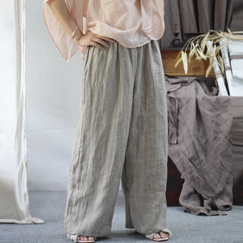 

100% Linen Women Casual Wide Leg Pants New Arrival 2025 Spring Vintage Style Plain Color Loose High Waist Female Trousers M1606