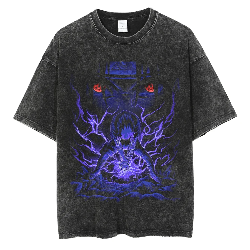 Men Harajuku Streetwear Vintage Black Tshirt Anime Naruto Print T-Shirt Summer Fashion Cotton Tops Tees Loose Washed Clothing