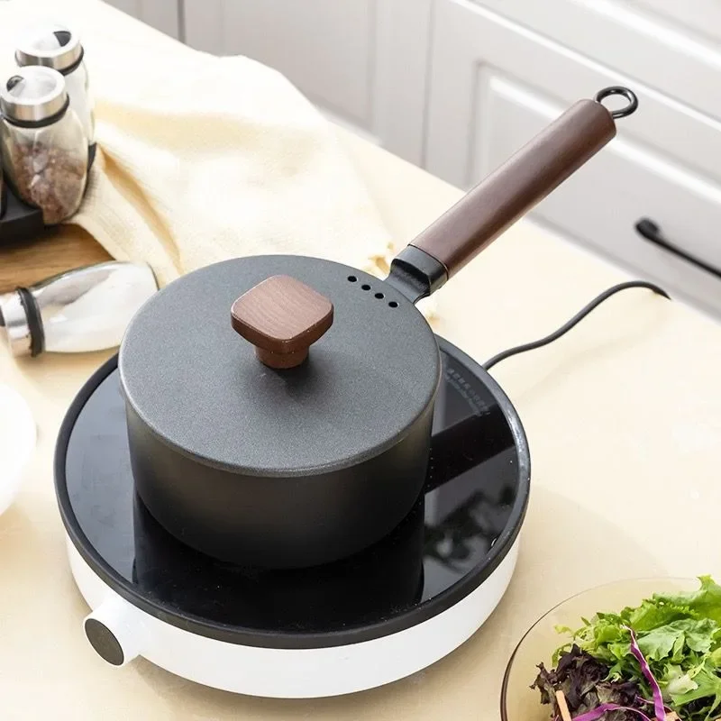 

16cm Cast Iron Saucepan, Nonstick Sauce Pan Small Pot with Lid, Solid Wood Handle, 2L Saucepan, Small Pot with Lid for Cooking