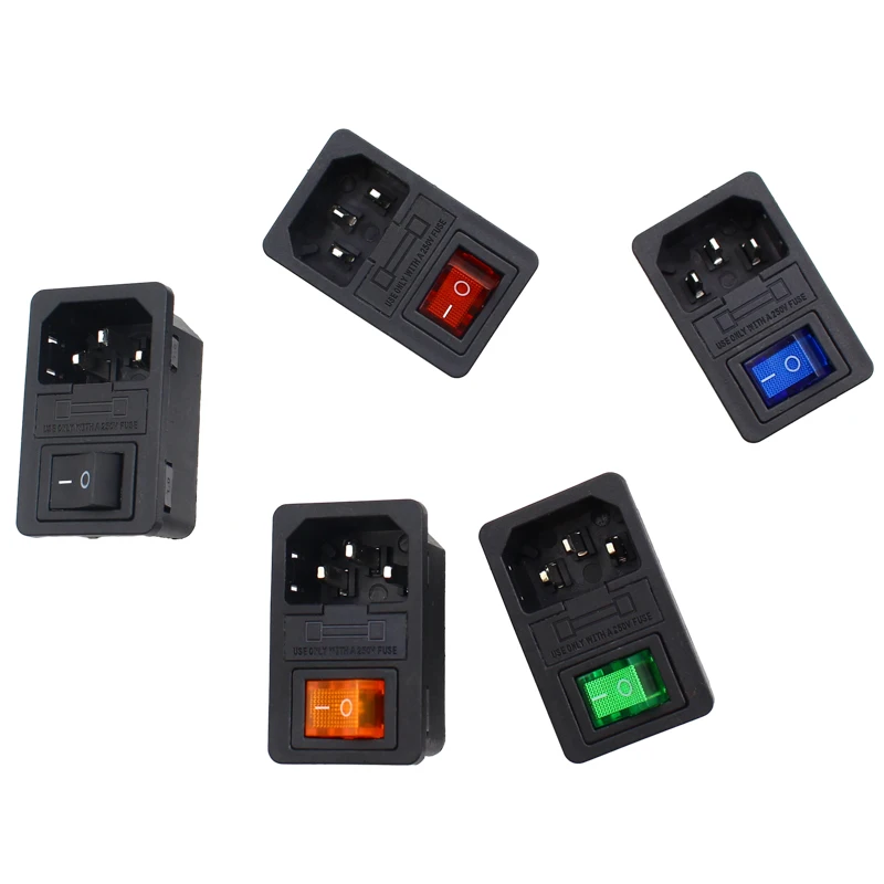 With 10A Fuse! Red Rocker Switch Fused IEC320 C14 Inlet Power Socket Fuse Switch Connector Plug Connector Red Green Blue Black