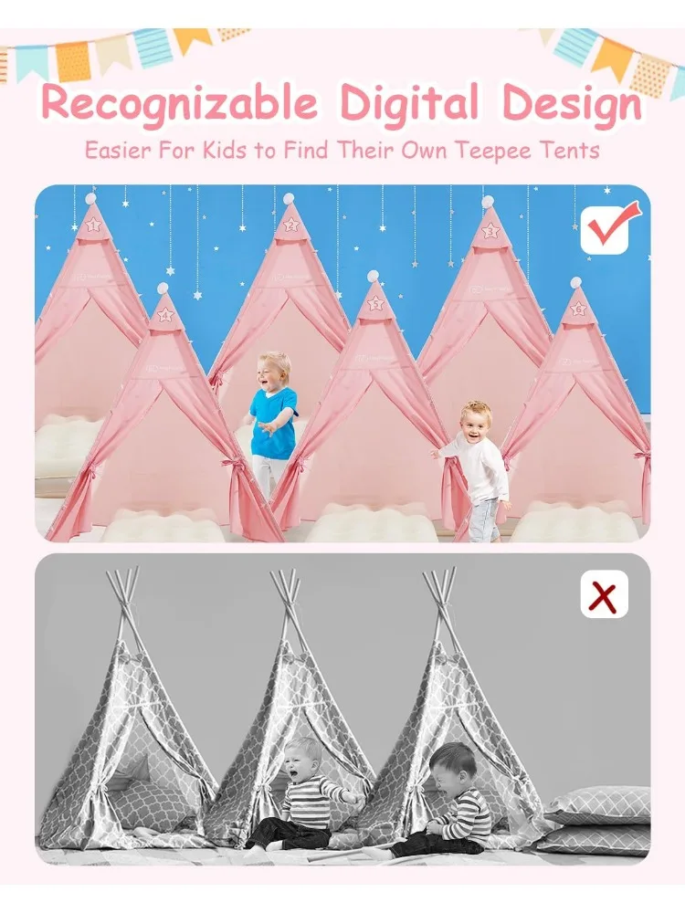 6 Pack Teepee Tent for Kids with Inflatable Airbed, Light, Toddler Tent Children Room Tent, Slumber Party Sleepover Tents