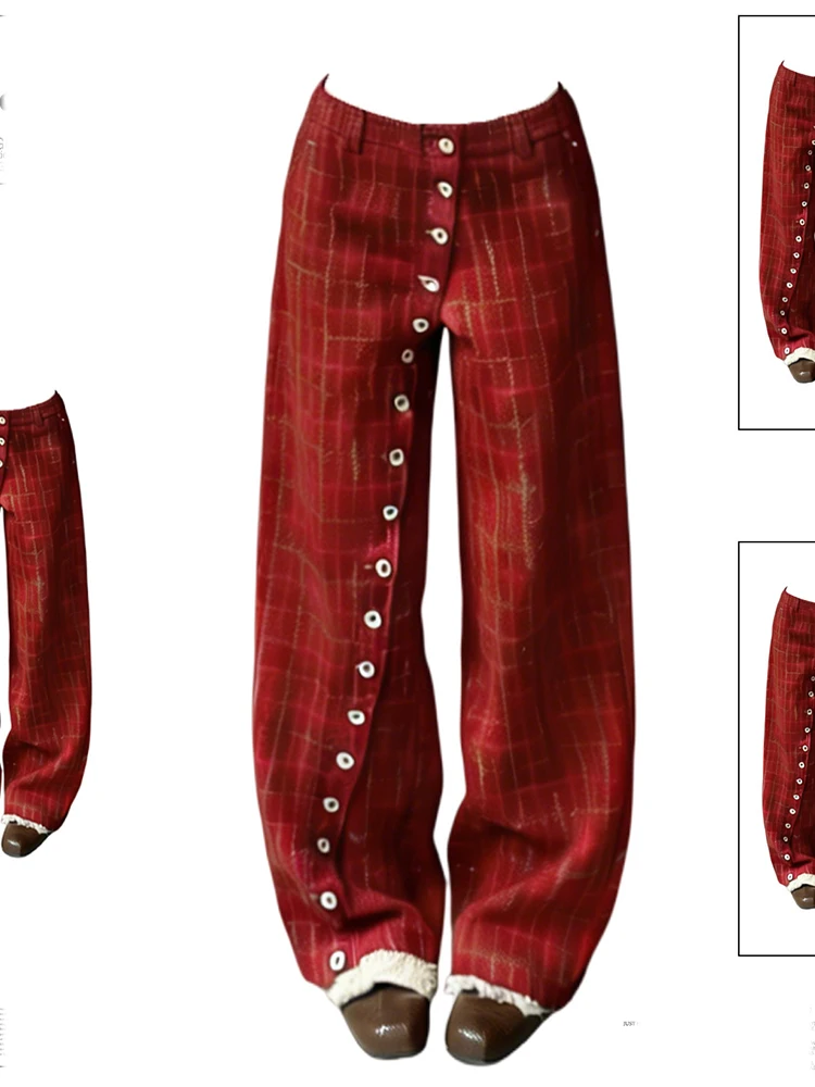 アメリカンスタイルのレトロシックなチェック柄非対称ボタン付きポケット多用途ジーンズ秋冬新女性カジュアルストレートパンツ