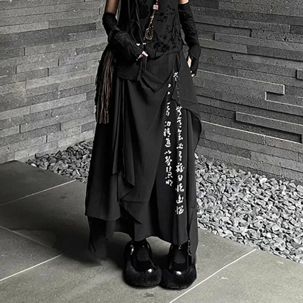 Gothic Dark Irregular Wide-Leg Pants Calligraphy Print Culottes Autumn Streetwear Versatile Hakama Trend Samurai Pants Unisex