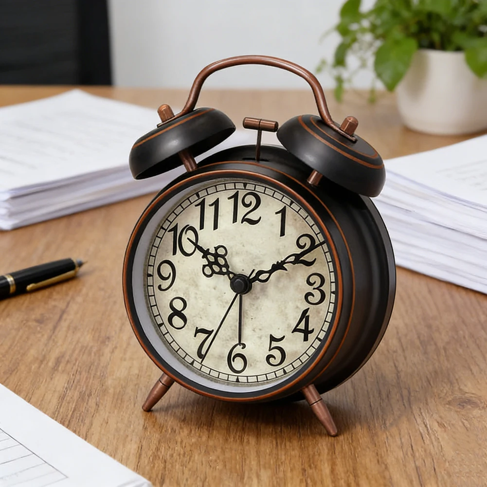 Super-Loud Twin-Bell Alarm Clock For Heavy Sleeper Retro Bedside Clock With Nightlight Battery Operated Metal Table Clock