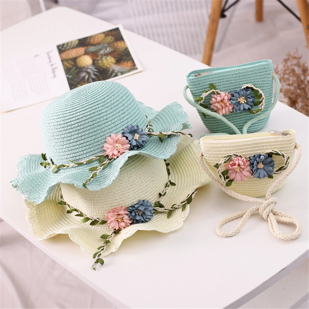 

Travel Straw Weaving Sun Beach Girls Summer Hat Wide Brim Hats Flower Sunshade Caps Shoulder Bag