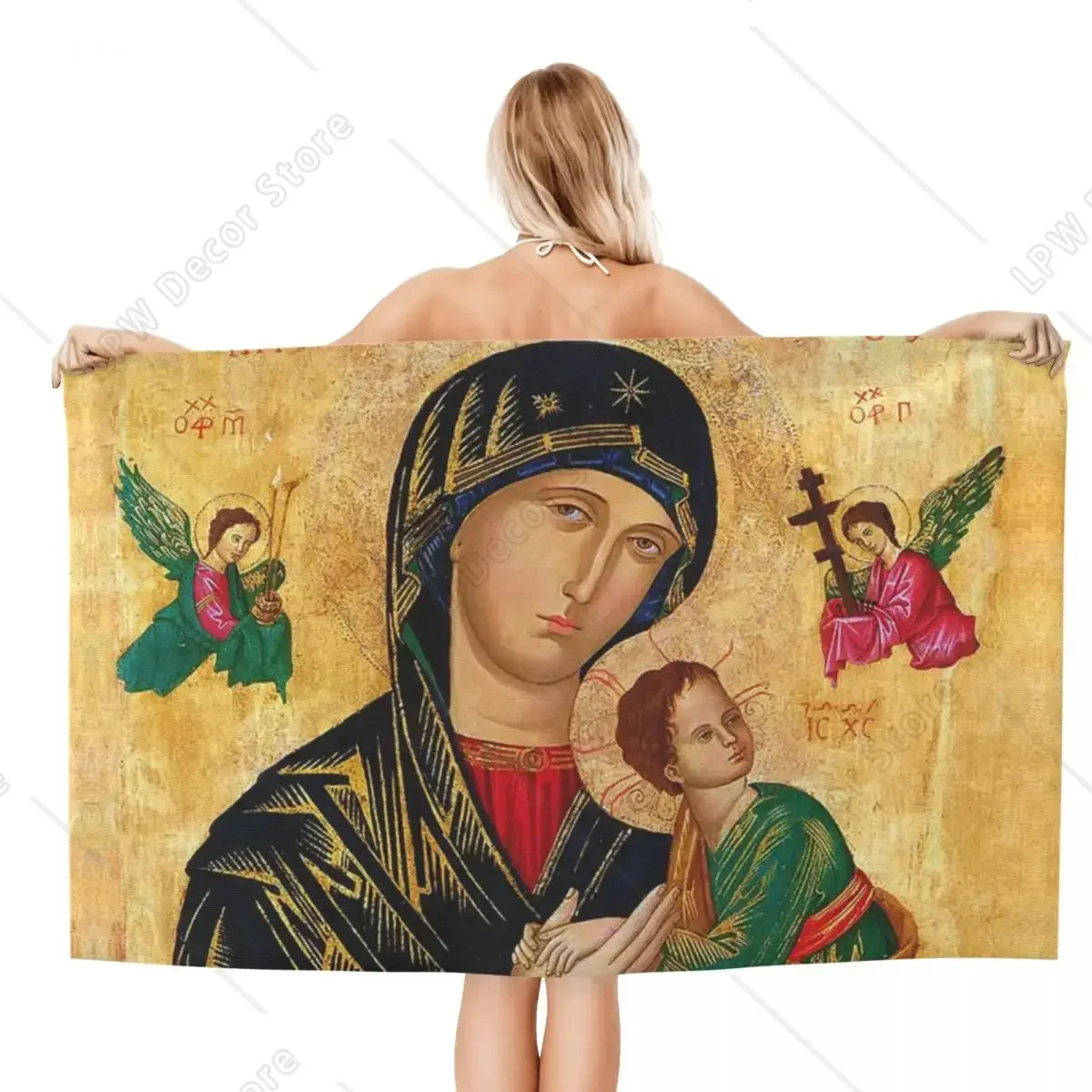 Custom Our Lady Of Perpetual Help Beach Towel Roman Catholic Virgin Mary Super Soft Microfiber Pool Towels