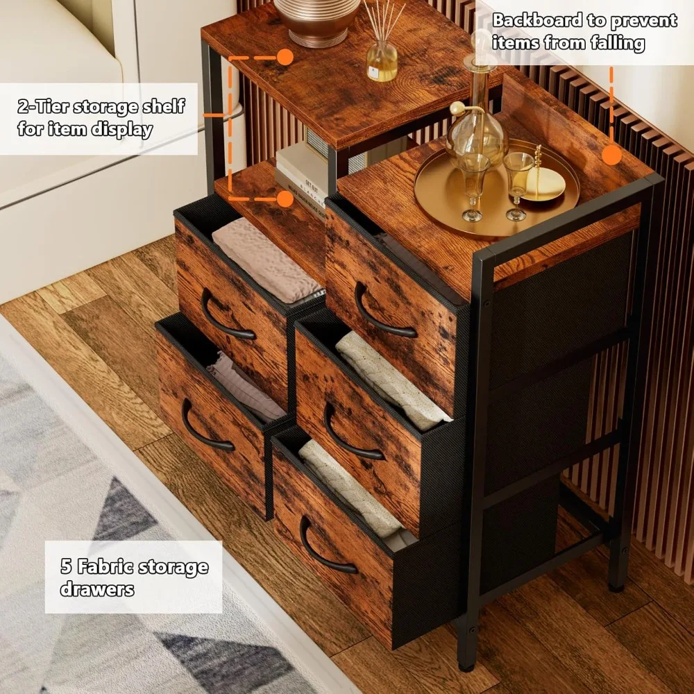 5 Drawer Rustic Brown Dressers for Bedroom 2 Tier Shelf Storage Small Fabric Dresser for Closet Sturdy Metal Frame Modern Style