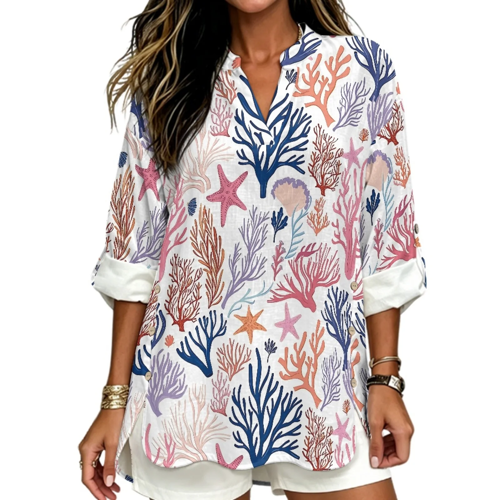 PENSTROLL Loose Linen Style Workout Tops Comfy Women's V Neck Tops for Beach Party Coral Reef