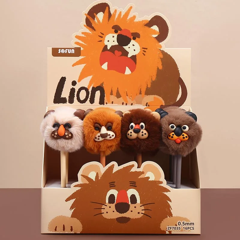 16pcs/lot Cartoon Lion Hairball Gel Pen Cute 0.5mm Black Ink Neutral Pens Promotional Gift School Writing Supplies