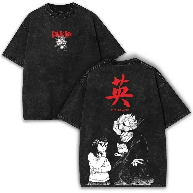 Japan Anime Dandadan Okarun Ken Takakura Graphic Print T-shirt Men Women Retro Washed O-neck Cotton Loose Casual Oversized Top