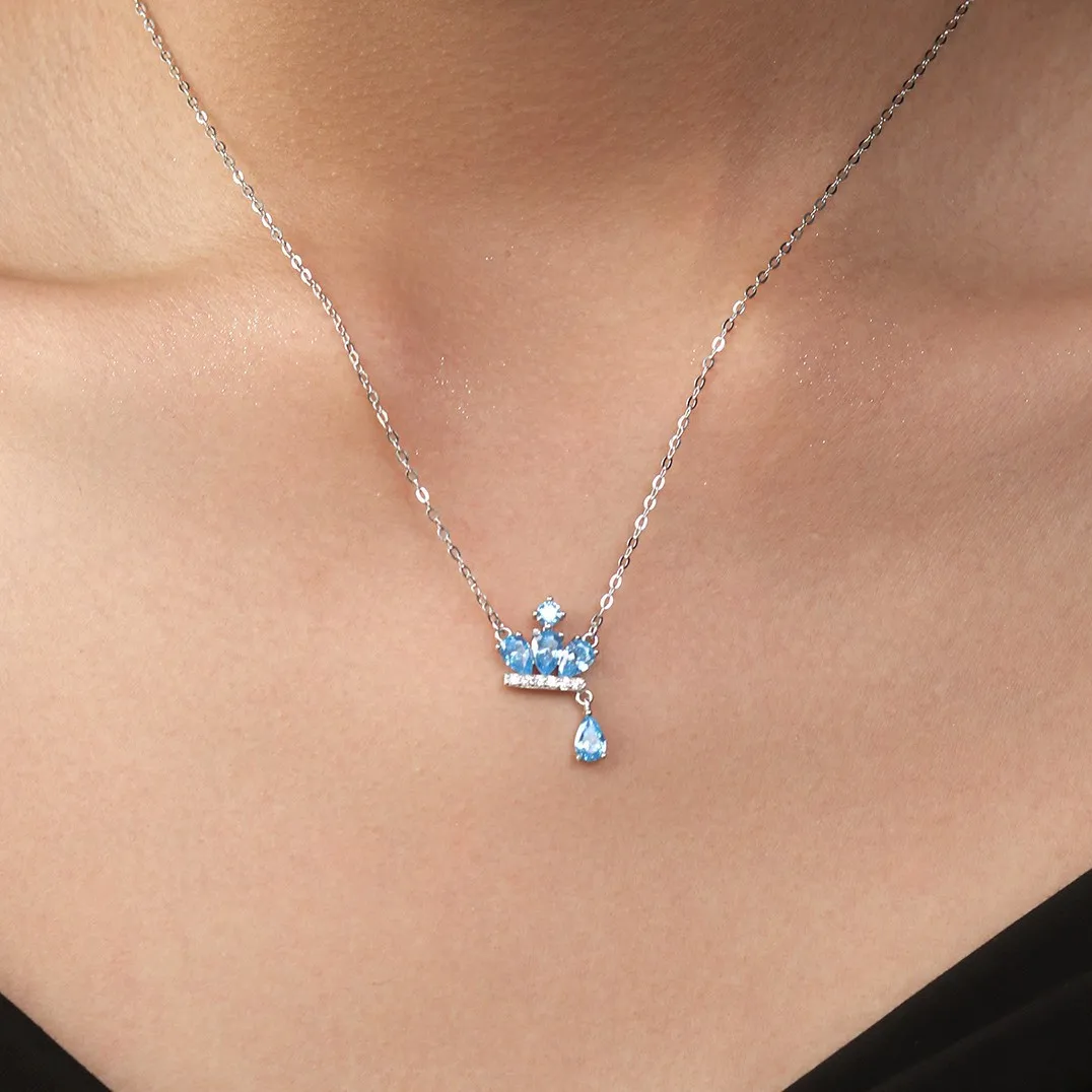 

CCFJOYAS стерлингового серебра 925, платиновая корона, морской синий циркон, кулон, ожерелье, женская цепочка на ключицы, изысканные ювелирные изделия, подарок