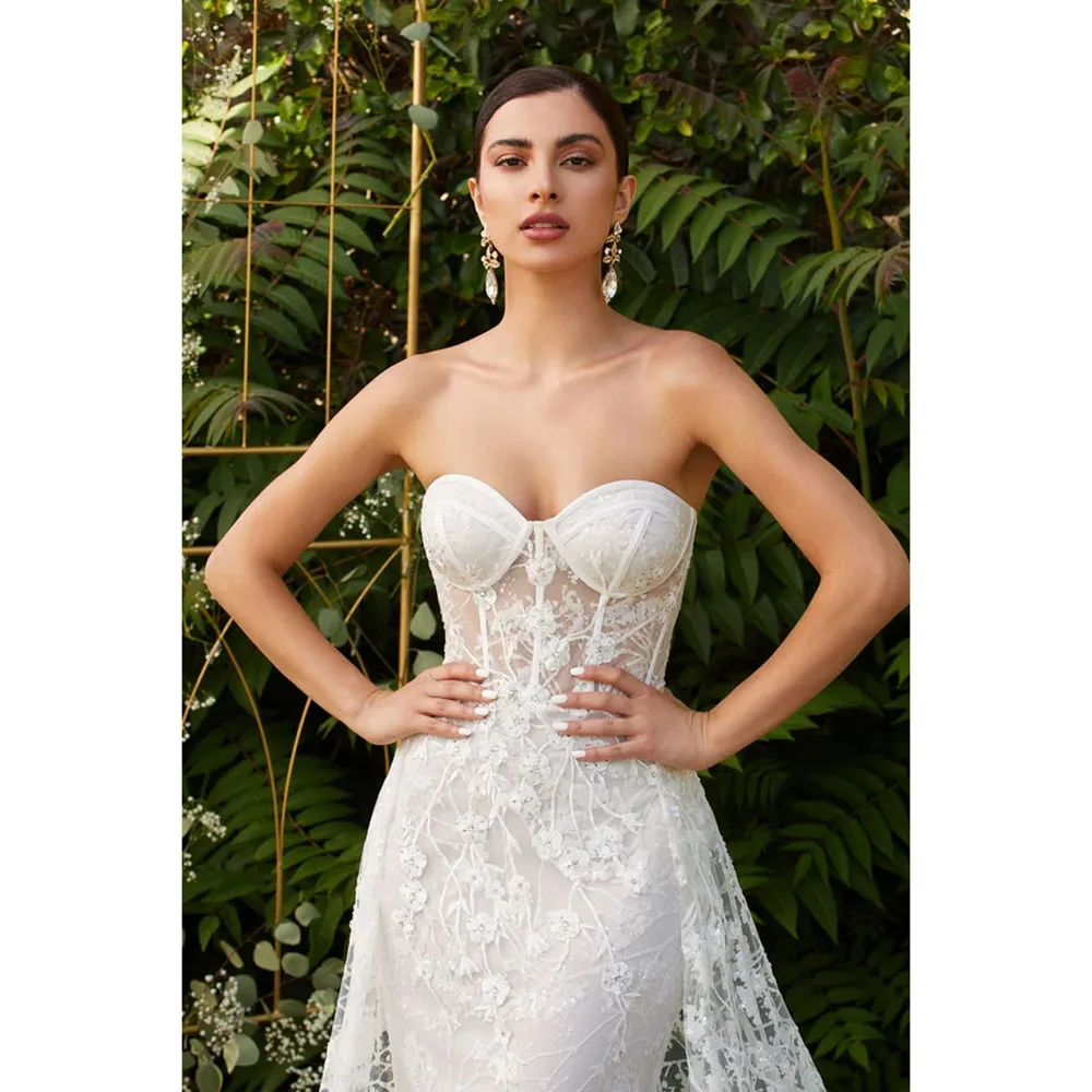Sexy Strapless Wedding Dress for Bride Transparent Tulle with Fashion Floral Print Straight Court Train Marry Dress Customized