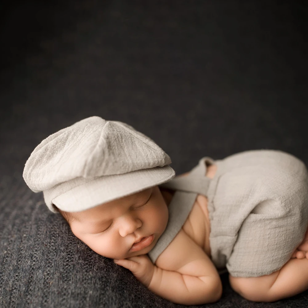 Baby Boy Vintage Newsboy Hat Linen Cotton Romper with Suspenders Newborn Photography Props Outfit