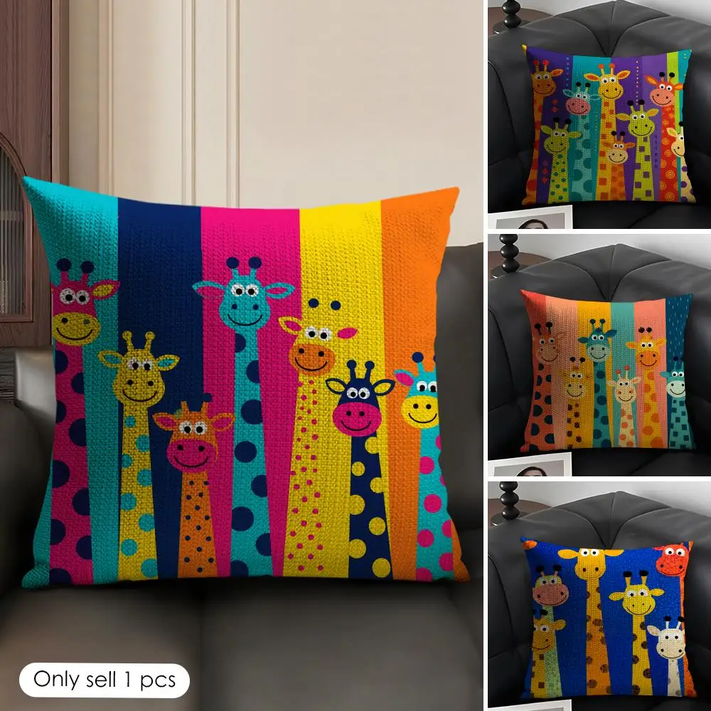 Cute Giraffe Cushion Cover Linen Organic Fabric Double-Sided Printing Sofa Breathable Home Decor Gift Pillow Case