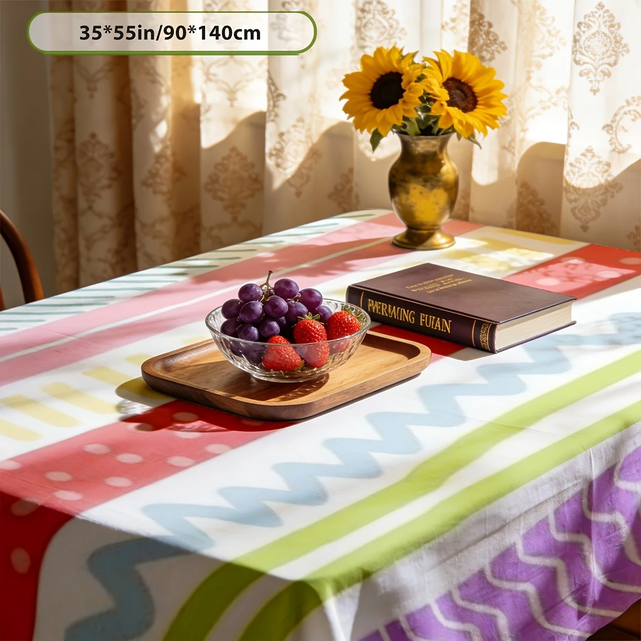 One rectangular hand-painted striped pattern tablecloth with soft color scheme, made of durable polyester fabric