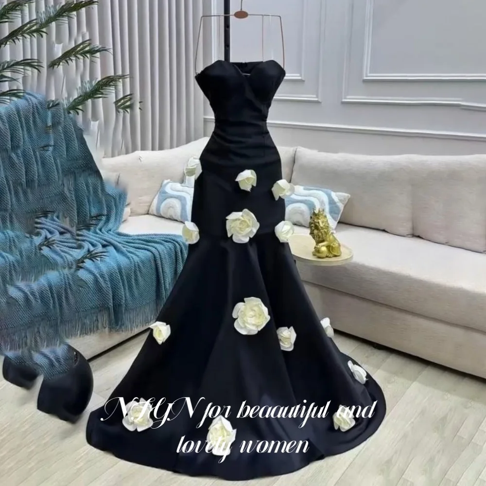 NFYN Black Sweetheart Party Dresses for Party Sleeveless Formal Dress 3D-Flowers Stain Formal Gown Long Evening Dress Customized
