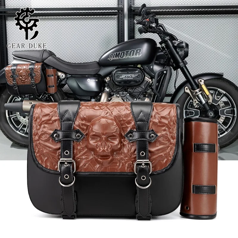Universal Motorcycle Saddle Bag,Brown Mixed with Black 3D Skull Embossed PU Leather Side Bag with Detachable Water Bottle Holder