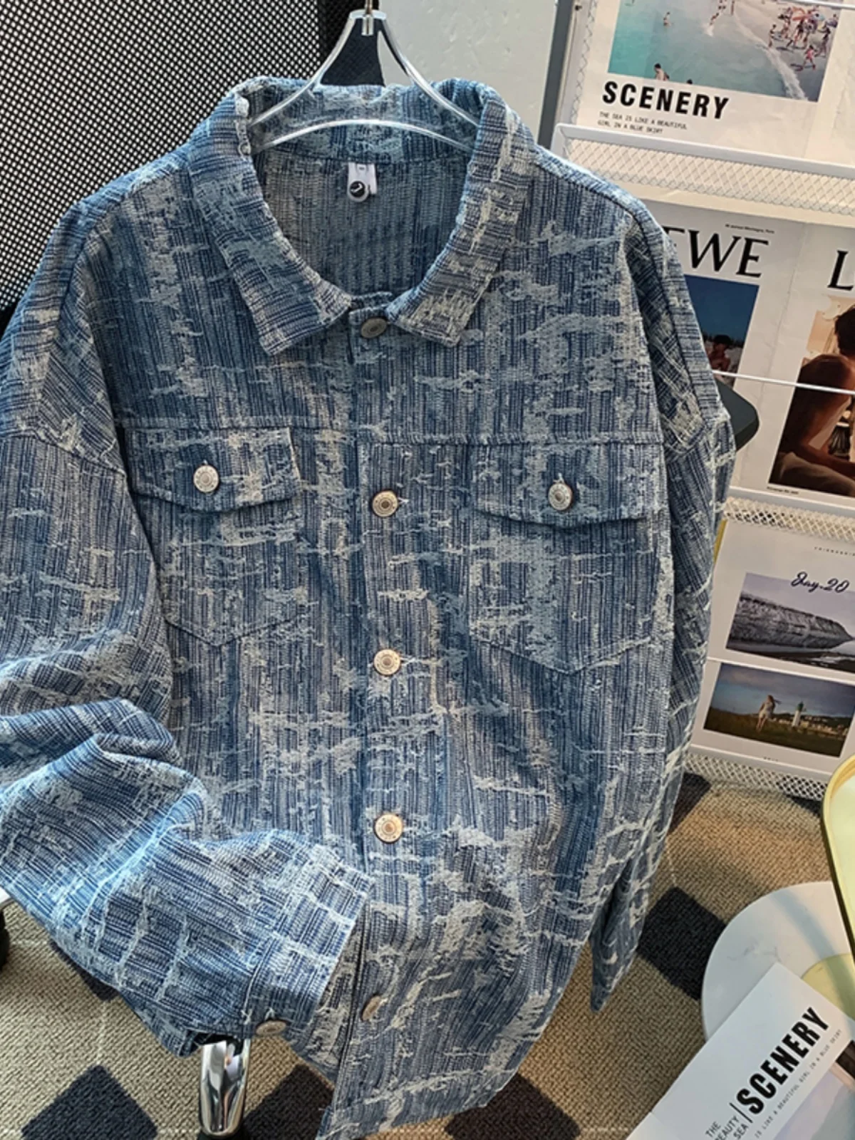 

Casual American Sle Loose Fit Denim Jaet ex Spring Autumn High Street Workwear Coat Youth Trendy Long Sve Button up