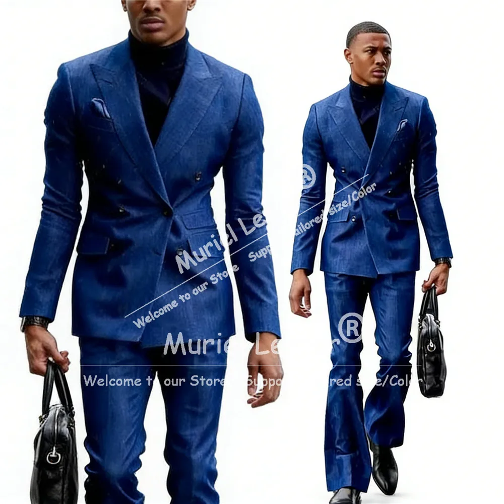 

Male Fashion Denim Men Suits Double Breasted Wide Leg Pant Custom Made Groom Wedding Tuxedos 2 Piece Sets Prom Blazer Man Outfit