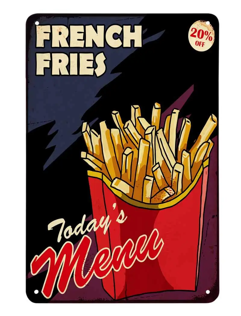 French Fries Tin Sign,Box Fast Food Fresh Restaurant Doodle Lunch Potato Crisp Vintage Metal Tin Signs for Cafes Bars Pubs Shop