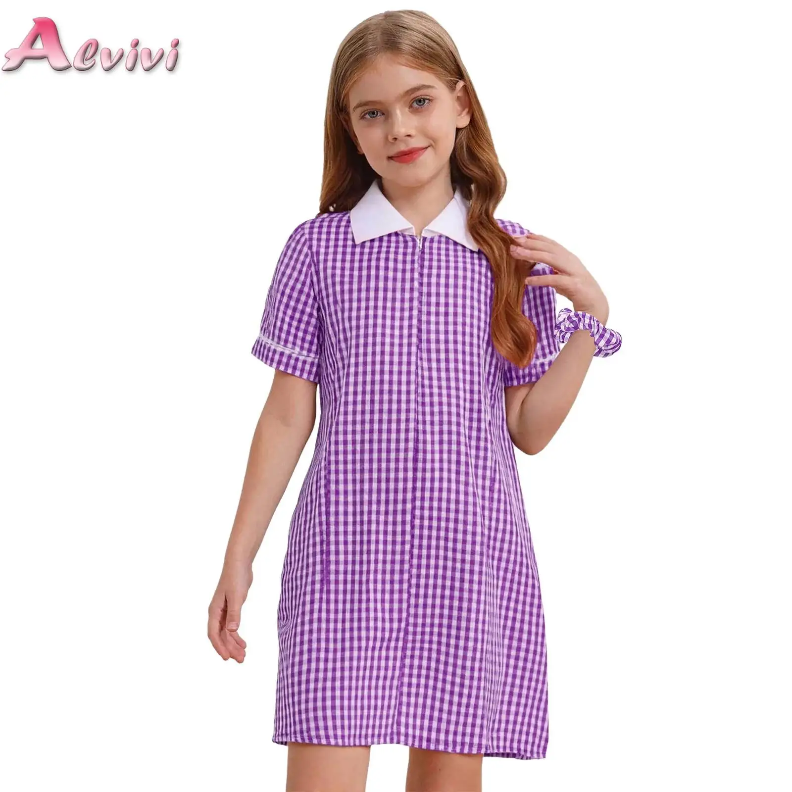 

Girls Plaid School Dress Kids Short Sleeve Zip up Summer Dress Turn-down Collar School Uniform Children Casual Party Clothes