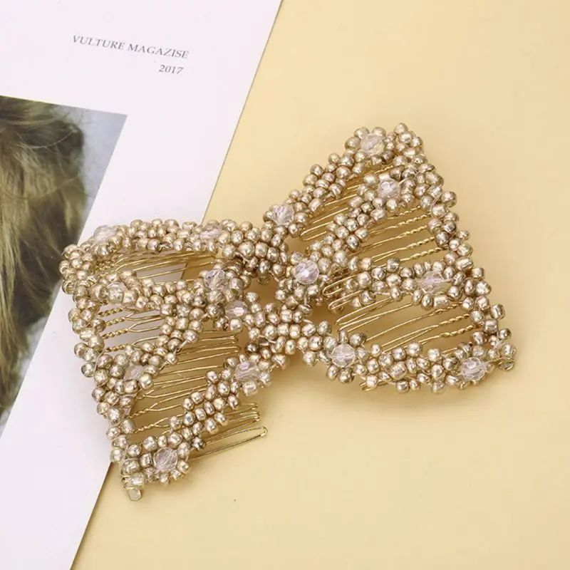 Ladies Women Elastic Hairpin Stretch Double Magic Hair Comb Handmade Beaded Hair Clip Bun Maker DIY Styling Tool