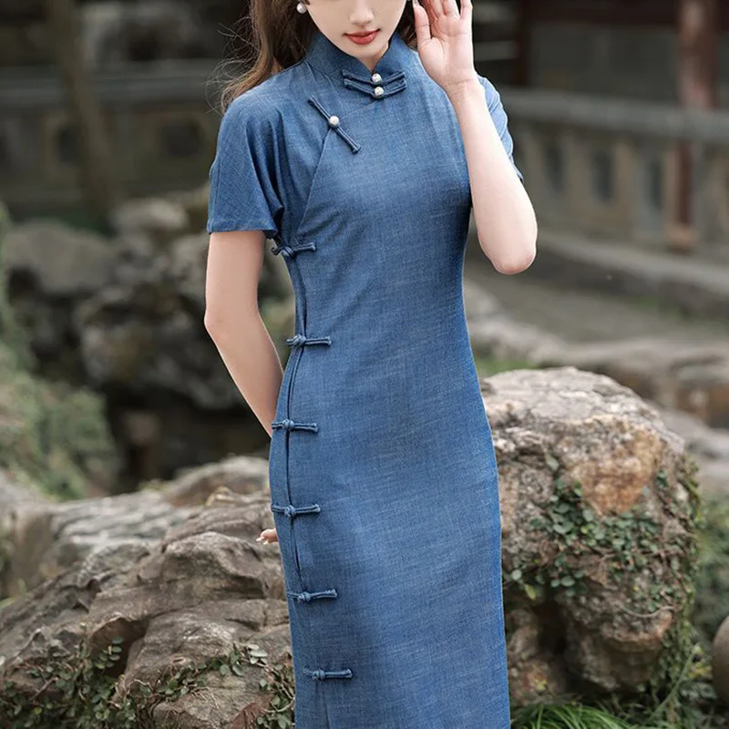 

2024 Women Navy Blue Long Cheongsam Dress Young Girl Elegant New Chinese Style Short Sleeve Dress Female Wedding Qipao S To XXL