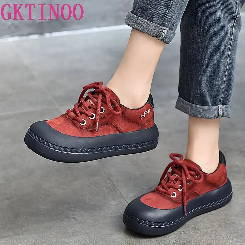 GKTINOO Cowhide Platform Sneakers Women Autumn Casual Vulcanized Shoes Ladies Genuine Leather Thick Bottom Sports Flat Shoes