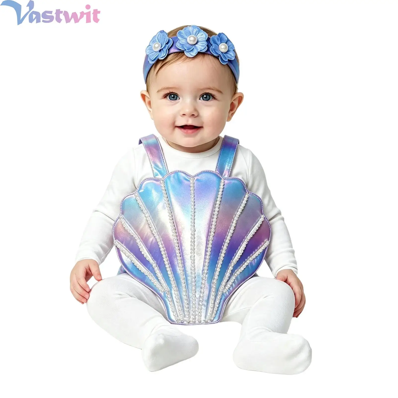 赤ちゃん幼児用ノースリーブパール貝殻型コスチュームフェイクフラワー弾性ヘッドバンド付き新生児写真撮影コスプレ衣装