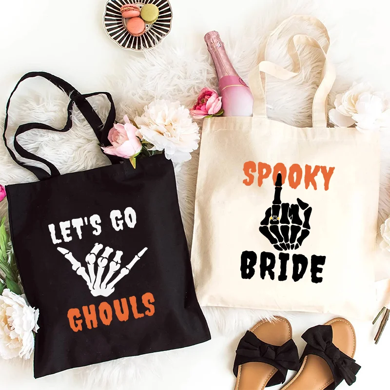 Spooky Halloween Bachelorette Party Handbags Women Canvas Tote Bag Skeleton Shopping Bag  Team Bride EVJF Shoulder Hand Bags