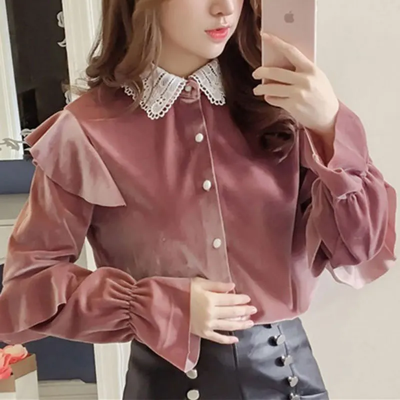 Sweet Ruffles Spliced Velvet Shirt Women\'s Clothing Commute Lace Lapel Autumn Winter Solid Color Elegant Single-breasted Blouse