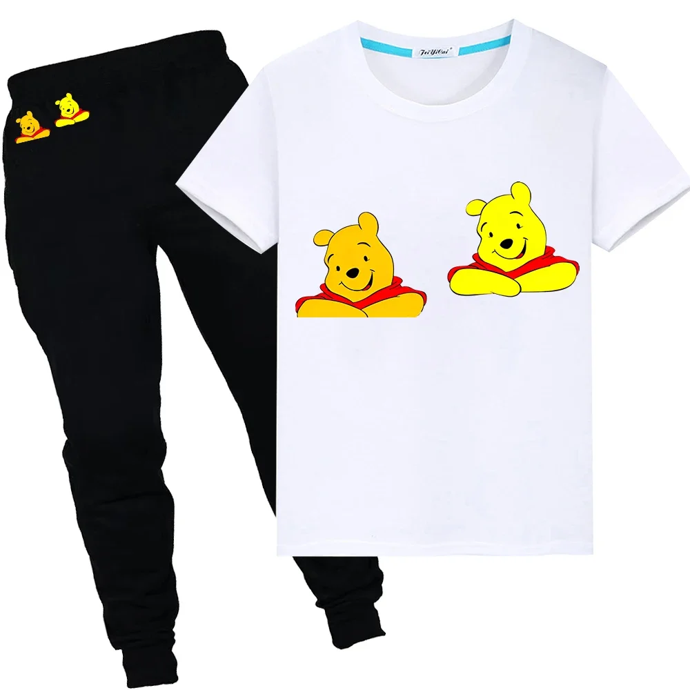 

Disney boys girls Sports Sets Short+pant Kawaii Print 100%Cotton cartoon T-shirt Pooh Bear Summer Tshirts kids boutique clothes