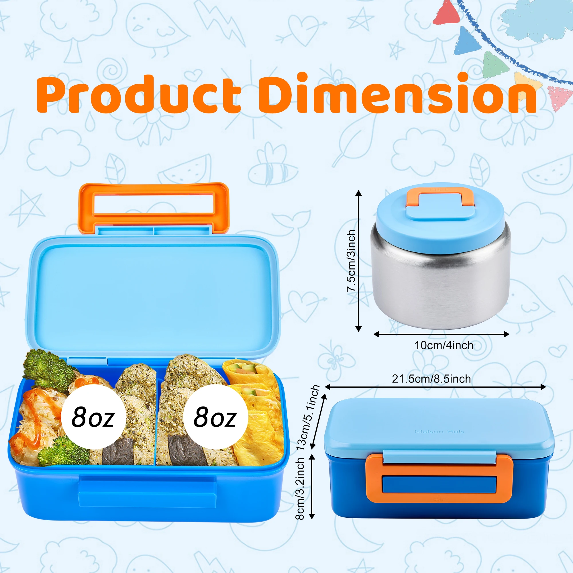 Compact Lunch Box Set with 8oz Insulated Container Snack Container Sauce Container Storage Bowl Double Compartment Ice Tray BPA